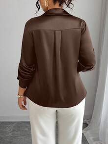 Elenzga Plus Size Solid Color Button-Front Long Sleeve Shirt, Autumn Fall Cloth For Women - Coffee Brown - View 2