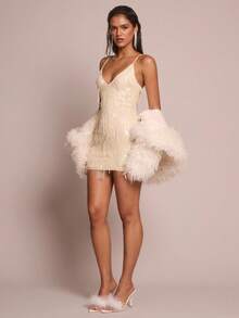 Glamine 流苏亮片装饰俱乐部服装 - 杏色 - 查看 4