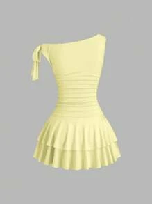 Sweetra Váy xếp ly ôm sát cổ bèo nhún không đối xứng thắt nút thường ngày mùa hè dành cho nữ - Màu vàng ngỗng - Xem 2