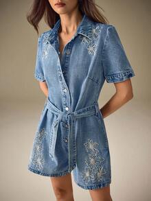 Selenza 女式蓝色常规肩短袖前扣刺绣时尚牛仔连体裤 - 藍色 - 查看 4