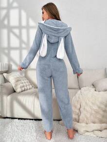 Women's Cute Contrast Color Heart Pattern 3D Big Rabbit Ear Hooded Plush Fluffy Pajamas Jumpsuit, Autumn/Winter, Fall, Cozy - Blue - View 2