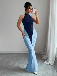 Elenzga Vestido elegante de mujer con bloqueo de color negro y blanco, cuello halter, cintura ceñida y bajo de cola de pez, adecuado para ir al trabajo y uso diario