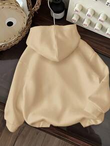 SHEIN Leap Crew Vintage Leopard Print & Cherry Pattern, Tween Girls Casual Thick Hooded Long Sleeve Sweatshirt, Suitable For Autumn/Winter Fall - Camel - View 2