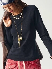 Bohemela 休闲纯色针织圆领插肩袖修身女式T恤 - 黑色 - 查看 4