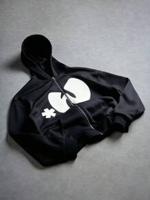 Manfinity EMRG Sudadera con capucha con cremallera y estampado de letras para hombre, otoño, sudadera con capucha con cremallera, sudadera con cremallera gráfica, ropa urbana con cremallera para hombre, sudadera con capucha negra con cremallera