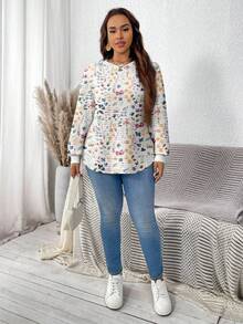 EMERY ROSE Plus Size Women Casual Colorful Floral Print Loose Fit Crew Neck Long Sleeve Sweatshirt, Waffle Texture, Fall/Winter - Multicolor - View 3