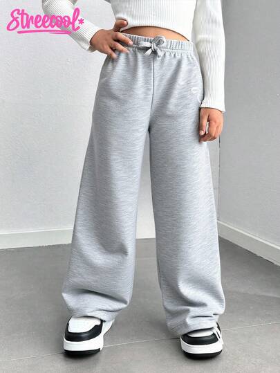 SHEIN Explorewe Young Girl Wide Leg Sweatpants With Bow Waist, Butterfly Print, Casual School, Grey Color, Back To School Fall Winter