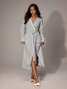 Lazeform Women's Striped Long Sleeve Casual Robe Sleepwear, Cozy Outfit, Fall & Winter - Light Grey - View 3