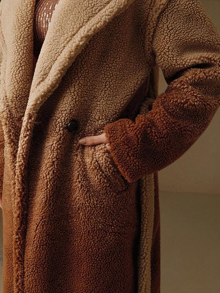 Abrigo casual de mujer de doble botonadura con cinturón de cintura de piel sintética de color degradado para otoño/invierno
