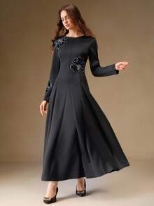 Anewsta 女装新款端庄串珠花卉图案高端宴会优雅连衣裙 - 藍色 - 查看 4