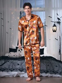 CoupledUp Halloween Themed Print Faux Silk Men Pajama Set - Orange - View 6