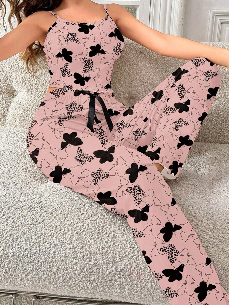 SHEIN 蝴蝶印花女士吊带背心和裤子睡衣套装 - 彩色 - 查看 1