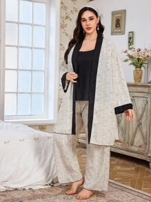 CottageSlumber Black Contrast Vintage Floral Printed Pajama Set, Plus Size Women Sleepwear Set, Fall Winter Clothes - Black - View 5