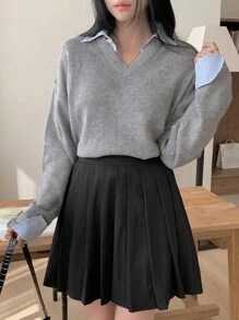 DAZY V领二合一衬衫领套头衫，宽松复古休闲风，灰色，秋冬，适合万圣节 - 灰色 - 查看 6