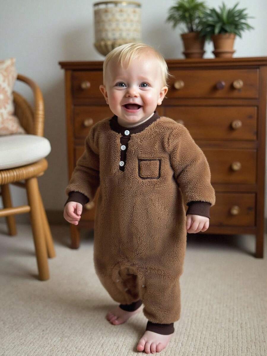 SHEIN Baby Boy Casual Colorblock Half-Button Fleece Jumpsuit, Winter Fall - Khaki - View 1