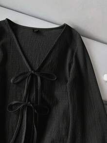 SHEIN LUNE Women's Casual Solid Color V-Neck Tie Front Flare Sleeve Top Tie Up Top Cute Black Tops Korean Clothes Bow Top Black Tie Top V Neck Tops
