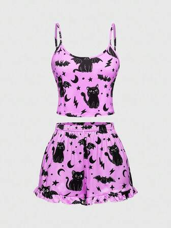 Gothic Black Cat Halloween Camisole & Shorts Casual Pajama Set