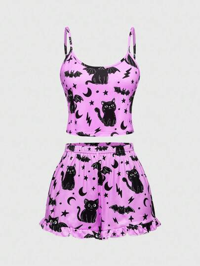 Goth Gothic Black Cat Halloween Camisole & Shorts Casual Pajama Set