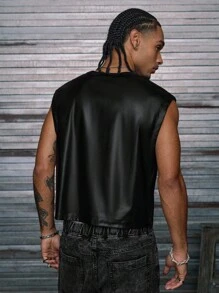 AXEPEAK 男士针织休闲宽松无袖印花数字图案背心，时尚日常穿着 - 黑色 - 查看 2