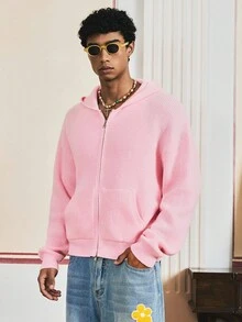 SWAVVY Men's Stylish Solid Color Zip-Up Hooded Cardigan, Autumn, For Fall Winter - Pink - View 8