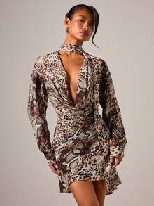 COSMINA Women's Elegant Asymmetrical Leopard Print Plunging Neck Mini Dress, Autumn/Winter - Multicolor - View 3
