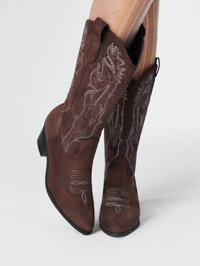 Fairycore Ladies Brown Cowboy Boots Spring Autumn New Style Suede Pointed Toe Embroidery Slip-On Western Boots