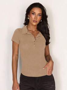 Glamine Polo 领纽扣短袖修身运动修腰简约女式 T 恤 - 卡其色 - 查看 7