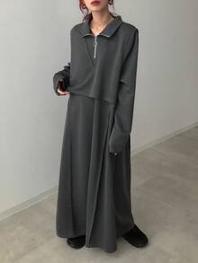FRIFUL 女士时尚高领拼接宽松纯色连衣裙，春秋 - 黑色 - 查看 3
