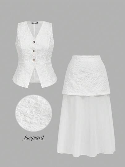 SHEIN MOD Plus Size Dark Textured Jacquard Suit Set, V-Neck Sleeveless Vest + Jacquard Textured Chiffon Skirt, Elegant & Business,Elegant Fashion Suits, Party Suits,Fall Two Piece Sets