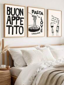 3 件/套意大利面厨房海报印刷品，有趣的食物墙面艺术，葡萄酒海报，复古艺术，黑色米色中性墙面艺术，现代简约中性厨房餐厅帆布装饰，无框架 - 彩色 - 查看 3