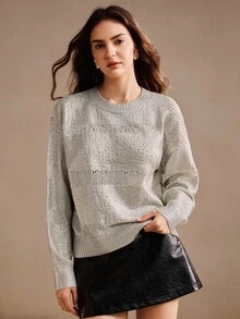 Anewsta Elegant Grey Oversized Sweater With Metallic Foil Decor,Casual Chic Knitwear For Autumn Brunch,Fall,Winter,Party,New Year,Christmas,Work,Wedding - Silver - View 3