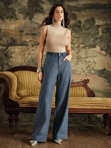 Fashionable Rhinestone Embellished Women's Straight Leg Blue Denim Jeans - Blue - View 4