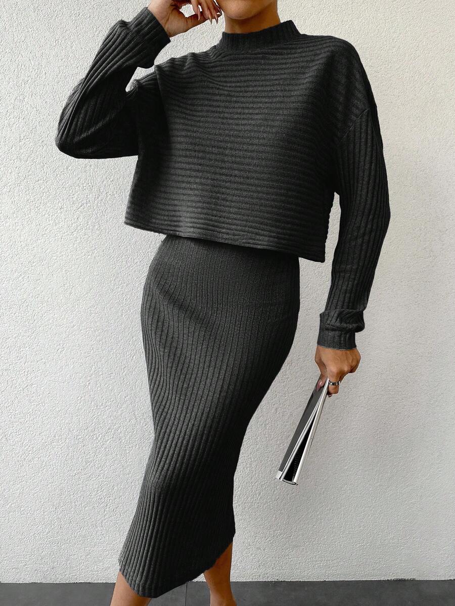 EURMUSE 2pcs Women Casual Ribbed Tank Dress & Pullover Top Set - Dark Grey - View 1