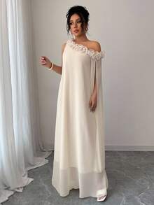 Elenzga 优雅女士荷叶边无袖连衣裙 - 杏色 - 查看 4