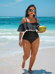 Swim Vcay Plus Size Summer Vacation Ruffled Ruffle One-Piece Swimsuit - Black and White - View 4