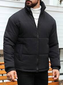 Manfinity Homme Men's Solid Color Zipper Casual Versatile Padded Coat, Winter Black Puffer Jacket, Fall - Black - View 5