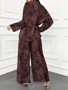 Modelyn 女式蜡染印花落肩长袖上衣和宽松休闲裤两件套，春夏两件套 - 棕色 - 查看 2