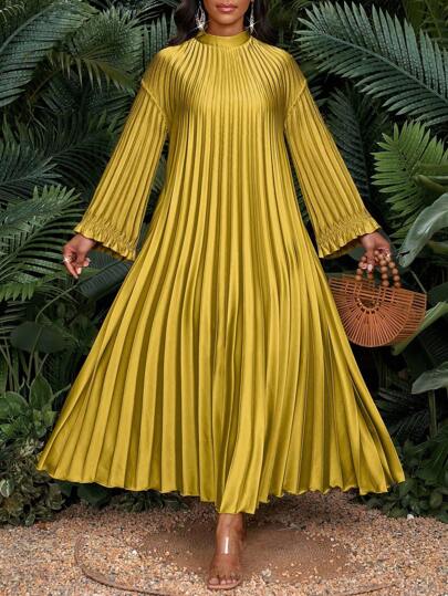 SHEIN Lady Autumn And Winter Elegant Party Wedding Cocktail Party Boho Beach Gold Stand Collar Woven Flounce A Line Dress Long Plus Size Dresses Yellow Summer Dress Women Yellow Vacation Dress
