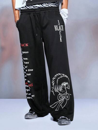 Black Jack X ROMWE Men's Letter & Figure Graphic Pocket Drawstring Waist Sweatpants