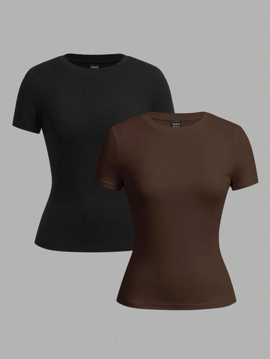SHEIN EZwear 2pcs/Set Basic Crew Neck Short Sleeve T-Shirts, Black & Brown, Casual & Minimalist, Suitable For Spring/Summer - Multicolor - View 1