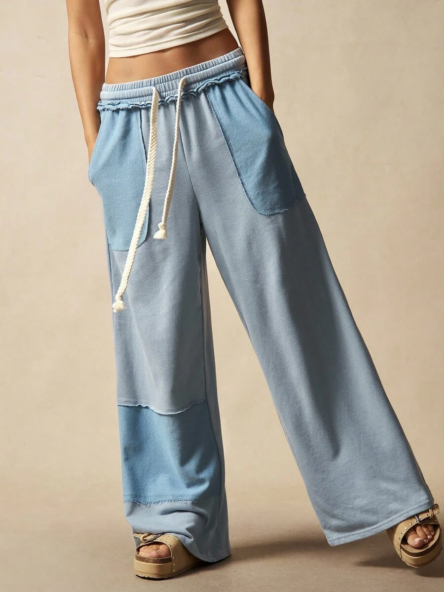 Bohemela Quần nỉ ống rộng dệt kim trơn màu phong cách BOHO dành cho nữ - Màu xanh nhạt - Xem 1