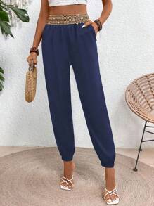 EMERY ROSE Women's Metal Decor Waistband High Waist Slim Pants Fall Cloth For Women - Navy Blue - View 5