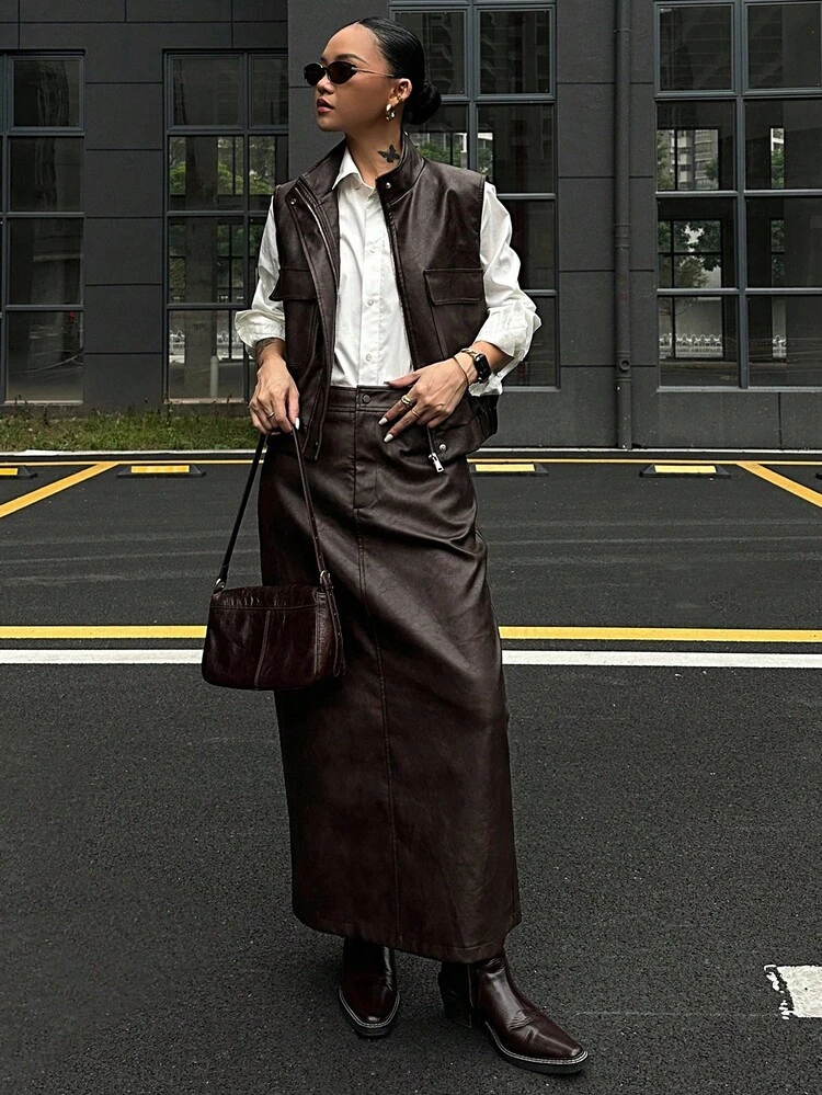 Women Solid Color Sleeveless Top And Skirt 2 Pieces Set Winter