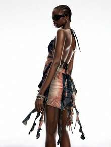 LYSMO 2025 New Arrival Spring-Summer Women's Post-Apocalyptic Style Vintage Distressed Tie-Dye Ruffled Asymmetrical Long Slim Halter Neck Camisole, Vintage Casual, Post-Apocalyptic Aesthetic - Multicolor - View 6