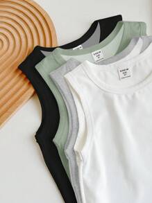 SHEIN Set da 4 pezzi di magliette casual e confortevoli per ragazzi, colori: nero + bianco + grigio + verde, adatte per primavera/estate - Multicolore - Visualizzare 5