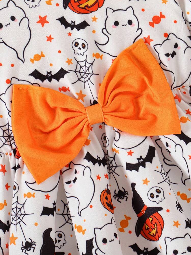 SHEIN Perso Play 女婴万圣节元素鬼南瓜动物印花蝴蝶结装饰长袖连衣裙，休闲简约节日氛围春秋季连衣裙，适合万圣节派对 - 彩色 - 查看 5
