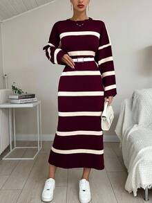 EURMUSE Women's Casual Striped Print Knit Sweater Dress,Winter Dresses - Burgundy - View 4