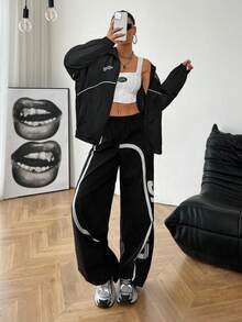 SHEIN EZwear Plus Size Casual Contrast Trim Letter Print Jacket Y2k Clothes Y2k Jacket Track Suits For Women 90s Clothes,Fall Clothes For Women Winter Autumn