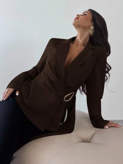 Firerie Women's Metal Decoration Brown Gray Imitation Linen Waist Suit Jacket/Fall Women Clothes/Fall Outfits Women /Fall Outfits/Back To School/Homecoming/Business Casual Woman /Old Money Style Women/Office Outfits For Women/Going Out Outfits,