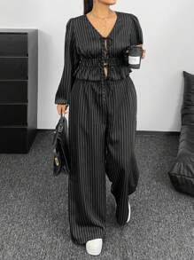 Flirla Plus Size Vacation Casual Versatile Tie-Front V-Neck Short Sleeve Crop Top + Matching Striped Pants 2 Pieces Set Fall Cloth For Women